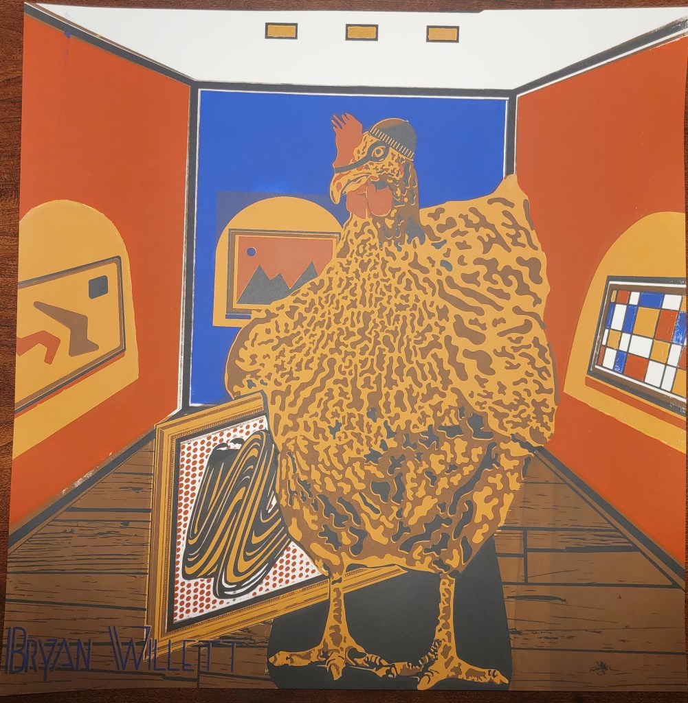 chicken stealing art from a gallery